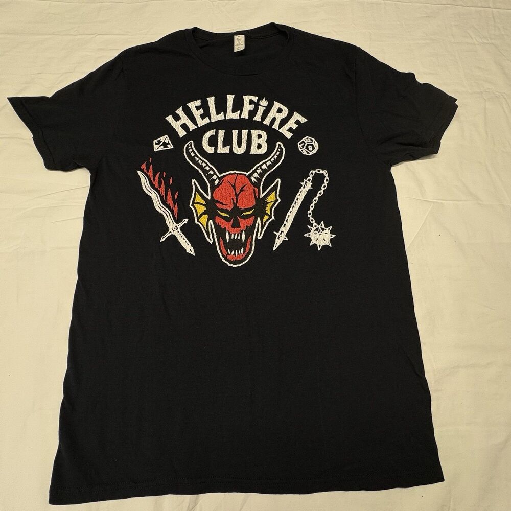Netflix Black Hellfire Club Graphic Tee with Red and Yellow Demon Medium